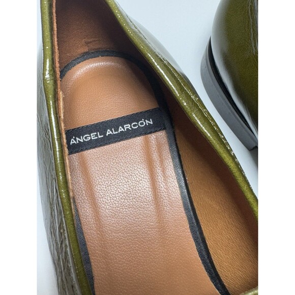 Angel Alarcon Patent Leather Square-Toe Flats moccasins OLIVE  Size 41/10 - Picture 14 of 15